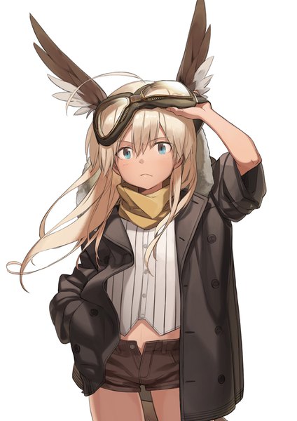 Anime picture 1414x2000 with strike witches hanna-justina marseille kirii single long hair tall image blush fringe blue eyes blonde hair simple background hair between eyes white background ahoge tail animal tail wind fur trim hand in pocket twisty sleeves