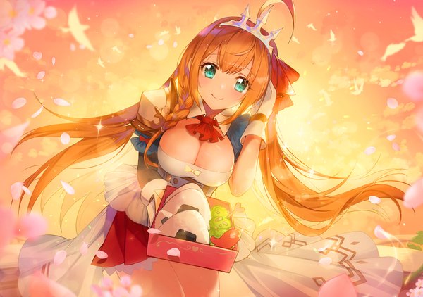 Anime picture 1800x1266 with princess connect! re:dive princess connect! pecorine (princess connect!) apple caramel single long hair looking at viewer blush highres breasts light erotic smile large breasts holding green eyes sky ahoge braid (braids) wind orange hair