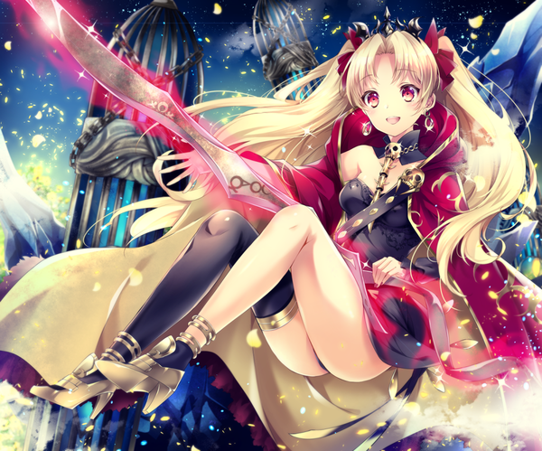 Anime picture 1200x998 with fate (series) fate/grand order ereshkigal (fate) cang qi lu single long hair breasts open mouth light erotic blonde hair red eyes looking away cleavage full body :d sparkle two side up asymmetrical legwear girl bow