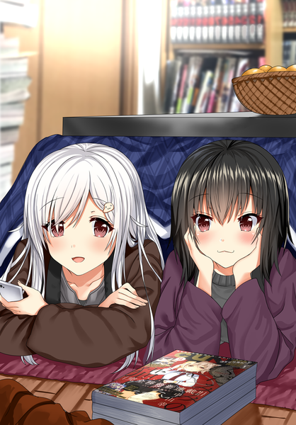 Anime picture 945x1355 with original neeko neeko's sister arudehido long hair tall image looking at viewer blush fringe short hair open mouth black hair hair between eyes multiple girls holding brown eyes silver hair indoors lying long sleeves