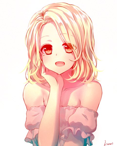 Anime-Bild 1024x1280 mit original isumi (yangyan) single tall image looking at viewer blush fringe short hair open mouth simple background blonde hair smile red eyes white background bare shoulders signed upper body :d hair over one eye puffy sleeves