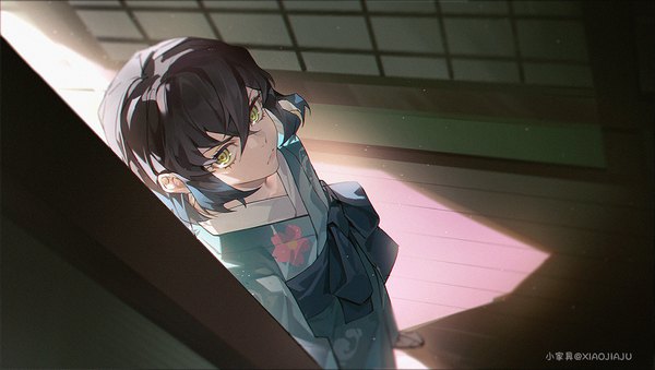 Anime picture 1200x677 with kimetsu no yaiba ufotable hashibira inosuke xiaojiaju single looking at viewer fringe short hair black hair hair between eyes wide image green eyes signed indoors traditional clothes japanese clothes from above shadow boy kimono