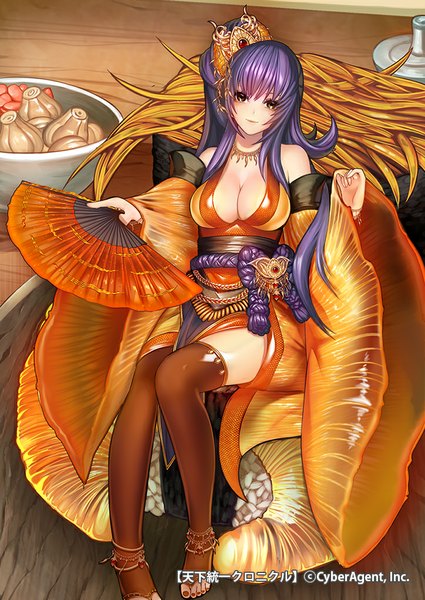 Anime picture 724x1023 with original garam single long hair tall image looking at viewer breasts light erotic large breasts brown eyes blue hair long sleeves girl thighhighs dress hair ornament detached sleeves fan