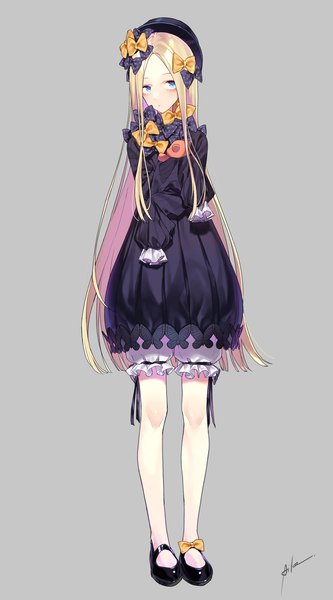 Anime picture 2870x5160 with fate (series) fate/grand order abigail williams (fate) aiko (aiko 54) single long hair tall image highres blue eyes simple background blonde hair signed looking away full body long sleeves grey background girl dress bow hair bow