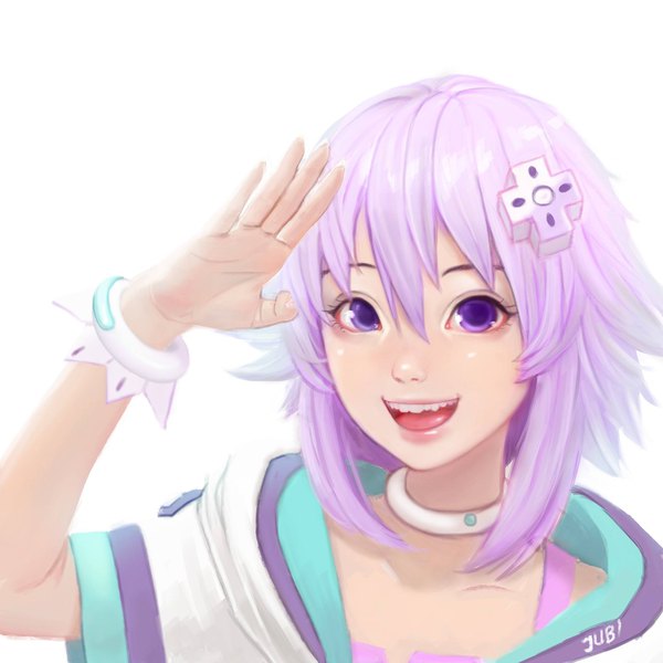 Anime picture 2046x2048 with choujigen game neptune neptune (choujigen game neptune) jubi (regiana) single tall image looking at viewer fringe highres short hair open mouth smile hair between eyes white background purple eyes purple hair upper body realistic teeth short sleeves salute