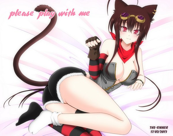 Anime picture 1016x800 with the-sinner single long hair looking at viewer blush light erotic red eyes brown hair animal ears tail animal tail cat ears cat girl cat tail :3 girl thighhighs socks glasses shorts
