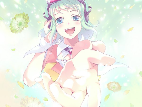 Anime picture 1024x768 with vocaloid gumi yuko (artist) single short hair blue eyes smile aqua hair foreshortening girl flower (flowers) petals headphones wrist cuffs goggles hands