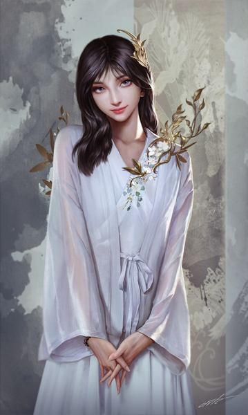 Anime picture 1780x2979 with original wang chen single long hair tall image looking at viewer fringe highres black hair smile standing signed head tilt lips realistic wide sleeves grey eyes interlocked fingers girl hair ornament