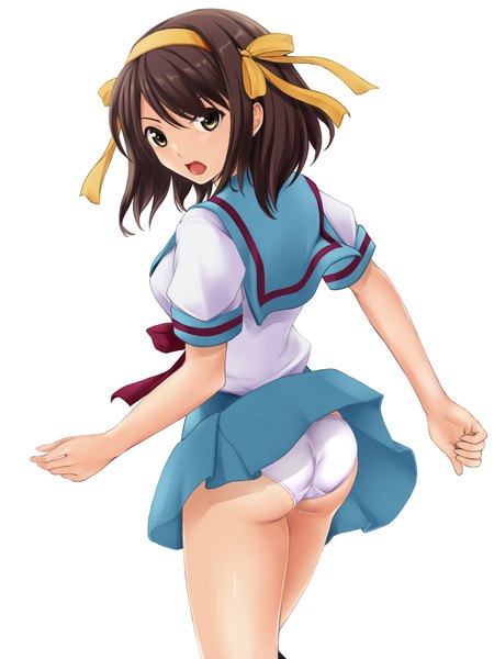 Anime picture 750x1000 with suzumiya haruhi no yuutsu kyoto animation suzumiya haruhi nonaka ritsu single tall image looking at viewer fringe short hair breasts light erotic simple background hair between eyes brown hair standing white background brown eyes ass pleated skirt looking back