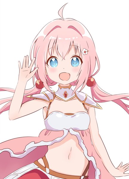 Anime picture 648x900 with endro! yuria shardet yutsuki warabi single long hair tall image looking at viewer blush open mouth blue eyes simple background white background twintails pink hair upper body ahoge :d low twintails waving girl