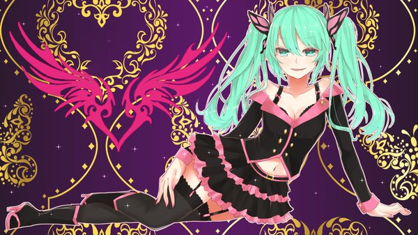 Anime picture 1920x1080 with project diva f vocaloid sweet devil (vocaloid) hatsune miku mairo (ilo) single long hair looking at viewer blush highres open mouth light erotic smile wide image twintails bare shoulders cleavage nail polish aqua eyes aqua hair