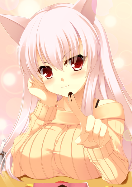 Anime picture 827x1170 with original koneko (nonnkimono) single long hair tall image looking at viewer blush breasts red eyes large breasts animal ears white hair cat ears girl food sweets sweater chocolate