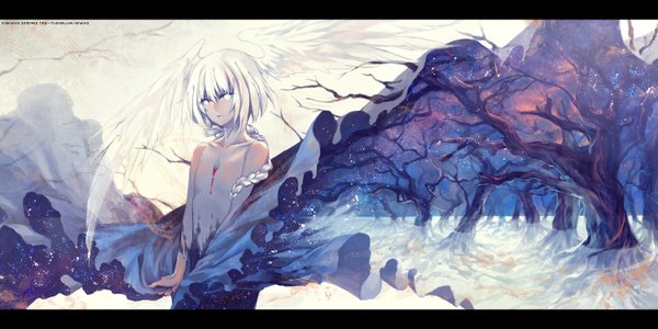 Anime picture 1500x750 with original sinsora (pixiv) single long hair wide image white hair single braid head wings white eyes double exposure boy plant (plants) tree (trees) water