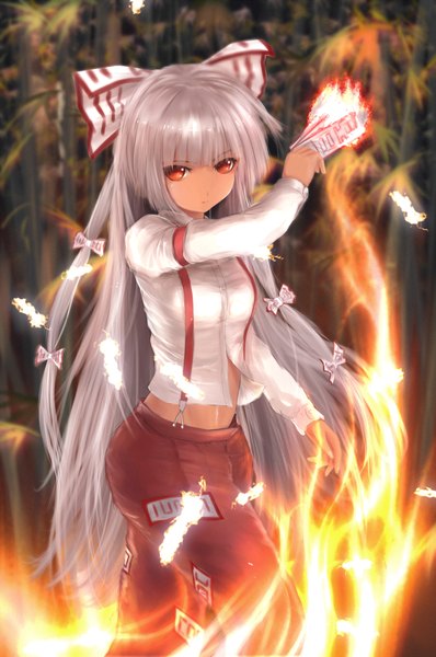 Anime picture 1000x1505 with touhou fujiwara no mokou hf5505 long hair tall image looking at viewer fringe red eyes standing white hair bare belly bamboo forest girl hair ornament bow plant (plants) hair bow tree (trees) fire forest
