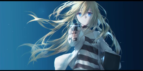 Anime picture 2551x1276 with satsuriku no tenshi ray (satsuriku no tenshi) swd3e2 single long hair looking at viewer fringe highres blue eyes blonde hair simple background hair between eyes wide image holding signed parted lips wind open jacket gradient background lens flare