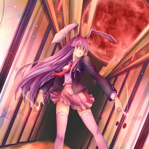 Anime picture 1000x1000 with touhou reisen udongein inaba single long hair looking at viewer fringe red eyes standing animal ears purple hair pink eyes from below bunny ears glowing glowing eye (eyes) red moon girl thighhighs skirt shirt