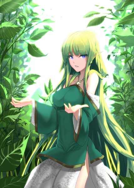 Anime picture 1000x1400 with original ddddddd single long hair tall image looking at viewer blue eyes bare shoulders green hair girl dress detached sleeves leaf (leaves)