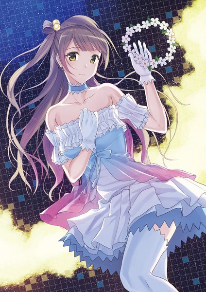 Anime picture 650x919 with love live! school idol project sunrise (studio) love live! minami kotori kichiroku single long hair tall image looking at viewer fringe smile brown hair standing bare shoulders holding yellow eyes payot bent knee (knees) blunt bangs arm up