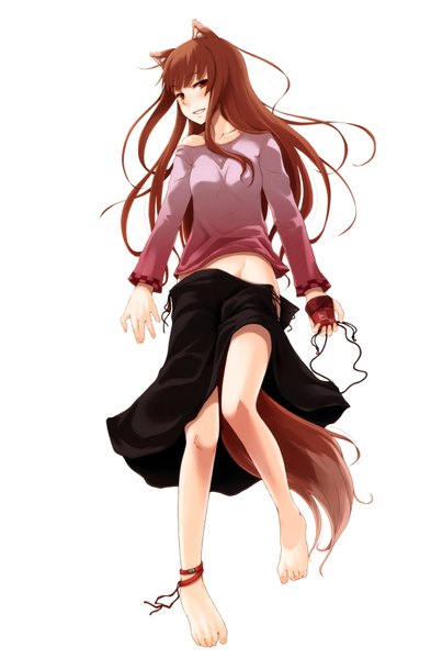 Anime picture 4566x6969 with spice and wolf horo ayakura juu single long hair tall image blush highres simple background red eyes brown hair white background animal ears absurdres animal tail barefoot scan girl skirt