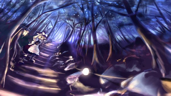 Anime picture 3200x1799 with touhou kirisame marisa abchipika single highres blonde hair wide image absurdres girl plant (plants) hat tree (trees) apron witch hat lantern lamp stone (stones) lamppost path