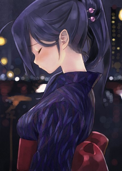 Anime picture 600x839 with idolmaster miura azusa tsukigami luna single long hair tall image purple hair ponytail eyes closed traditional clothes japanese clothes profile close-up city lights girl hair ornament kimono obi