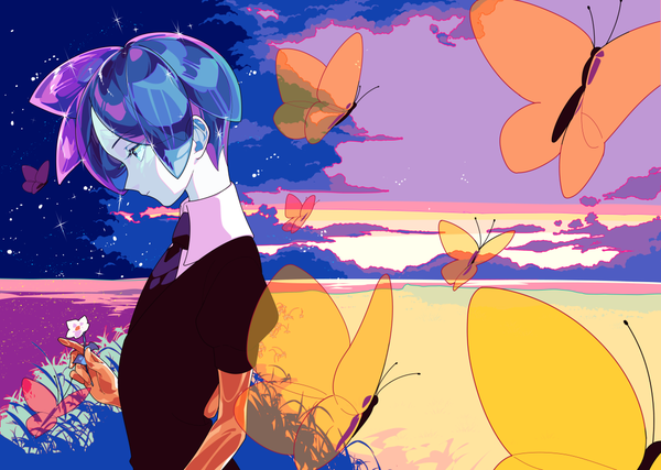 Anime picture 1125x800 with houseki no kuni phosphophyllite yuigahama (user nevh3547) single short hair blue hair looking away sky cloud (clouds) upper body outdoors profile sparkle horizon androgynous spoilers uniform flower (flowers) sea insect