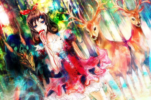 Anime picture 900x600 with snow white and the seven dwarfs snow white prodigybombay short hair blue eyes brown hair sky eating lacing bleeding red sky girl dress bow hair bow animal frills blood short dress fruit