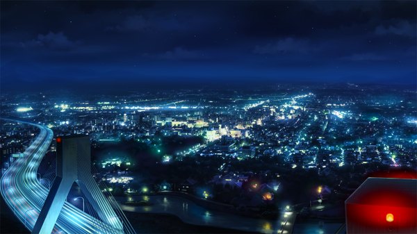 Anime picture 1280x720 with bishoujo mangekyou (game) omega star tagme (artist) wide image sky cloud (clouds) night night sky city reflection horizon cityscape mountain no people city lights river plant (plants) tree (trees) star (stars) lantern