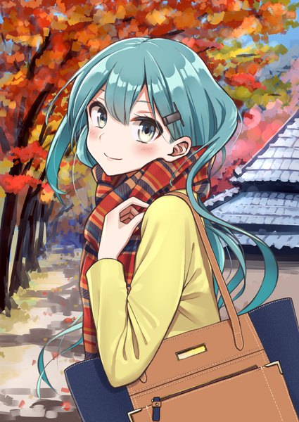 Anime picture 600x847 with kantai collection suzuya heavy cruiser azu (azusayumix) single long hair tall image looking at viewer blush fringe smile hair between eyes upper body outdoors aqua eyes aqua hair alternate costume autumn girl hairclip scarf