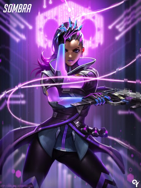 Anime picture 4500x6000 with overwatch blizzard entertainment sombra (overwatch) liang xing single long hair tall image highres black hair smile purple eyes absurdres purple hair multicolored hair realistic mole depth of field character names mole under eye lipstick