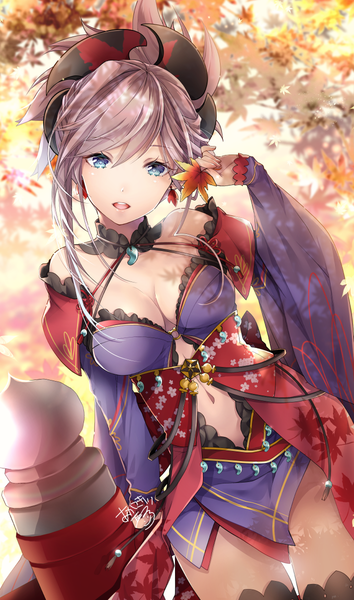 Anime picture 708x1200 with fate (series) fate/grand order miyamoto musashi (fate) akatsuki hijiri single long hair tall image looking at viewer blush fringe breasts open mouth blue eyes light erotic hair between eyes bare shoulders holding pink hair cleavage traditional clothes