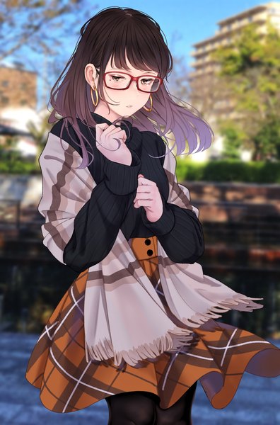 Anime picture 1576x2388 with original saitou (lynx-shrike) single long hair tall image looking at viewer blush fringe brown hair standing brown eyes payot outdoors blunt bangs long sleeves parted lips wind blurry mole depth of field
