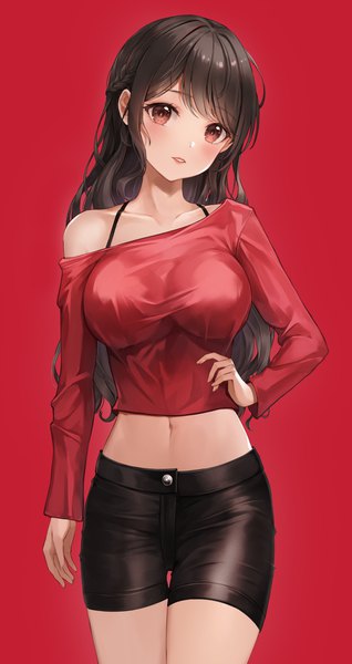 Anime picture 971x1833 with original lunacle single long hair tall image looking at viewer blush breasts light erotic black hair simple background large breasts standing brown eyes payot long sleeves parted lips head tilt off shoulder midriff