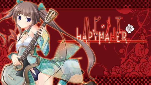 Anime picture 1920x1080 with hapymaher purple software hirasaka keiko tsukimori hiro single long hair highres brown hair wide image purple eyes twintails red background girl dress flower (flowers) detached sleeves shorts guitar