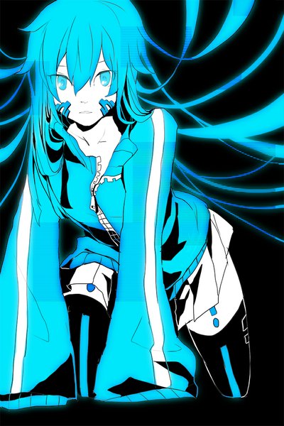Anime picture 700x1050 with kagerou project shaft (studio) ene (kagerou project) carina-dlr single long hair tall image looking at viewer blue eyes simple background long sleeves wide sleeves black background on all fours white skin girl skirt miniskirt jacket