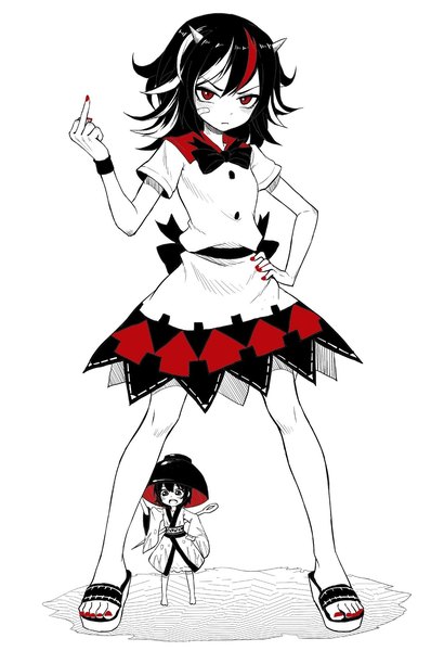 Anime picture 1389x2095 with touhou kijin seija sukuna shinmyoumaru fkey tall image looking at viewer short hair black hair simple background red eyes standing white background multiple girls full body nail polish multicolored hair barefoot horn (horns) black eyes short sleeves