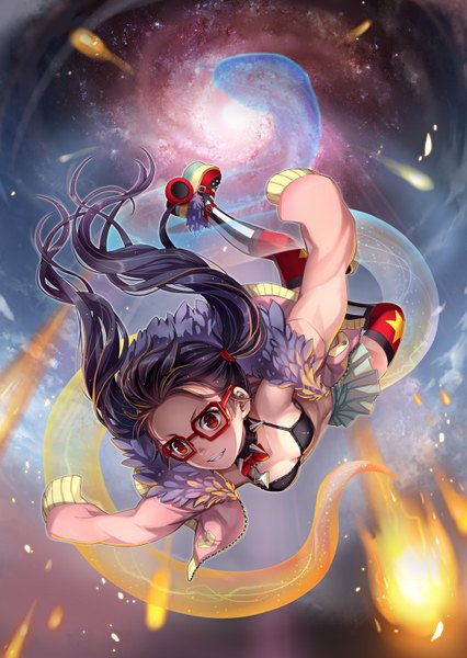 Anime picture 1064x1500 with original j.lili single long hair tall image black hair red eyes twintails flying falling girl thighhighs glasses collar bikini top snake