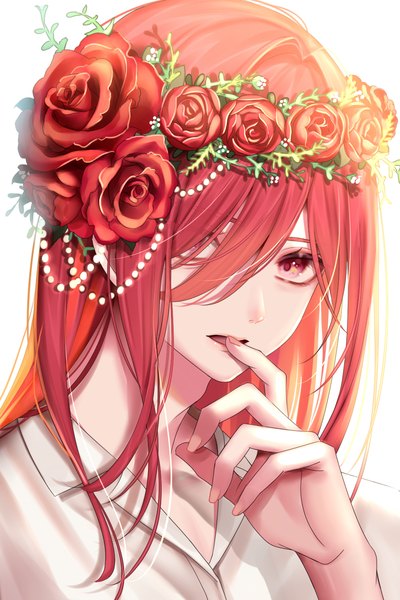 Anime picture 1000x1500 with blue lock chigiri hyoma azaka (rionrita) single long hair tall image looking at viewer fringe simple background red eyes white background upper body red hair hair over one eye finger to mouth portrait boy flower (flowers) rose (roses) red rose