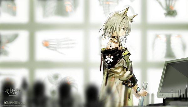 Anime picture 1920x1097 with arknights kal'tsit (arknights) yui (niikyouzou) single highres short hair wide image animal ears looking away silver hair upper body indoors profile official art copyright name oripathy lesion (arknights) girl