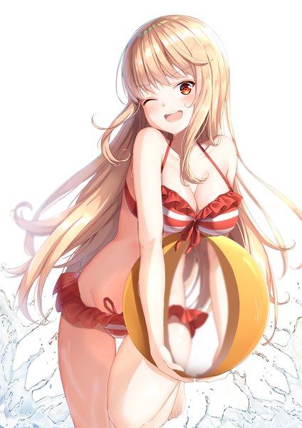 Anime picture 848x1200 with himouto! umaru-chan doga kobo doma umaru shiero. single long hair tall image looking at viewer blush fringe breasts open mouth light erotic simple background blonde hair smile red eyes standing white background payot