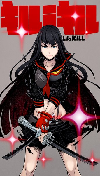 Anime picture 1000x1747 with kill la kill studio trigger kiryuuin satsuki hamada youho single long hair tall image looking at viewer fringe blue eyes black hair holding inscription sparkle alternate costume crossed arms dual wielding frown girl skirt