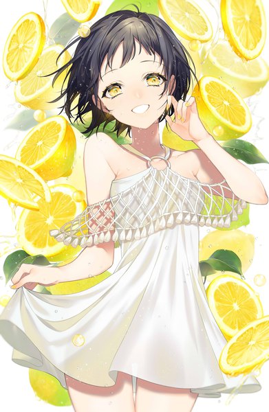 Anime picture 2859x4388 with original sogawa single tall image looking at viewer highres short hair black hair smile standing bare shoulders yellow eyes nail polish head tilt arm up off shoulder grin yellow nail polish girl dress