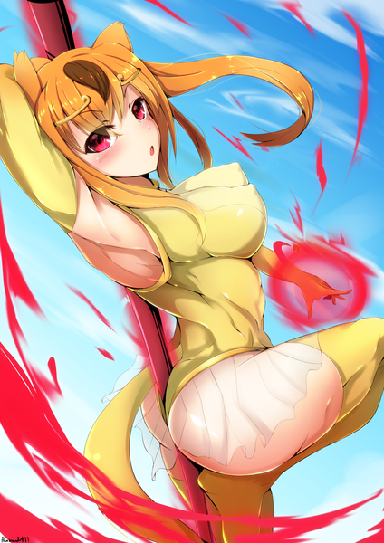 Anime picture 1024x1448 with kemono friends golden snub-nosed monkey (kemono friends) flansisca single long hair tall image looking at viewer blush fringe breasts light erotic red eyes large breasts standing animal ears payot sky bent knee (knees) ass tail