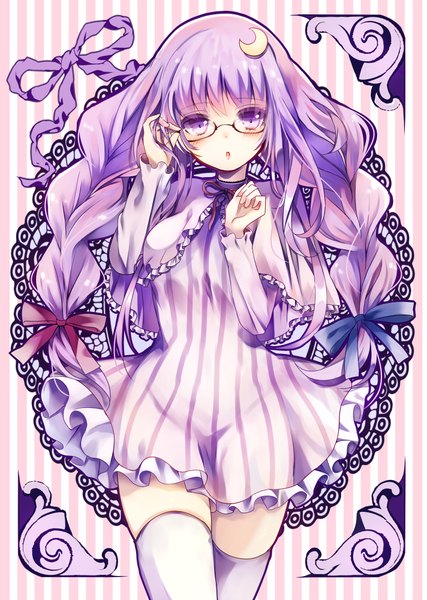 Anime picture 712x1000 with touhou patchouli knowledge ukita uuko single long hair tall image looking at viewer blush fringe open mouth purple eyes purple hair braid (braids) :o zettai ryouiki twin braids striped alternate hairstyle adjusting glasses bespectacled