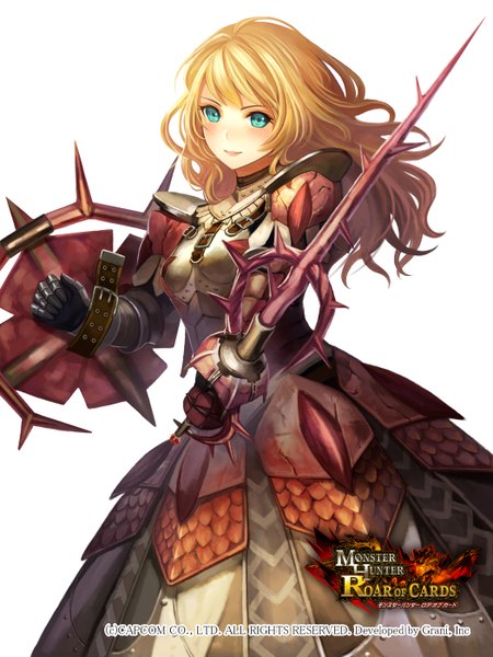 Anime picture 1050x1400 with monster hunter terai (teraimorimori) single long hair tall image looking at viewer blush blue eyes blonde hair white background girl dress weapon sword armor armored dress shield