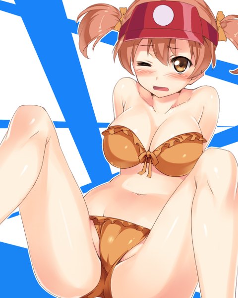Anime picture 1000x1250 with hataraku maou-sama! white fox sasaki chiho gia kon tall image blush short hair breasts open mouth light erotic brown hair twintails brown eyes one eye closed wink short twintails girl swimsuit bikini
