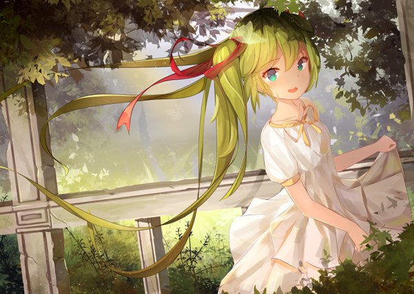 Anime-Bild 2576x1834 mit vocaloid hatsune miku kilo (pixiv) single looking at viewer fringe highres open mouth hair between eyes twintails green eyes outdoors very long hair green hair wind alternate costume girl dress ribbon (ribbons) plant (plants)