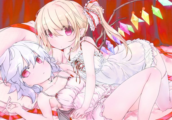 Anime picture 3700x2600 with touhou flandre scarlet remilia scarlet ayuyanaka no hito looking at viewer blush highres short hair light erotic blonde hair red eyes bare shoulders multiple girls blue hair absurdres purple hair ponytail pointy ears on back side ponytail