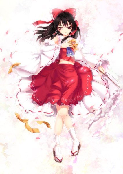 Anime picture 850x1201 with touhou hakurei reimu mafuyu single long hair tall image looking at viewer blush black hair red eyes traditional clothes miko girl skirt bow hair bow detached sleeves petals socks white socks