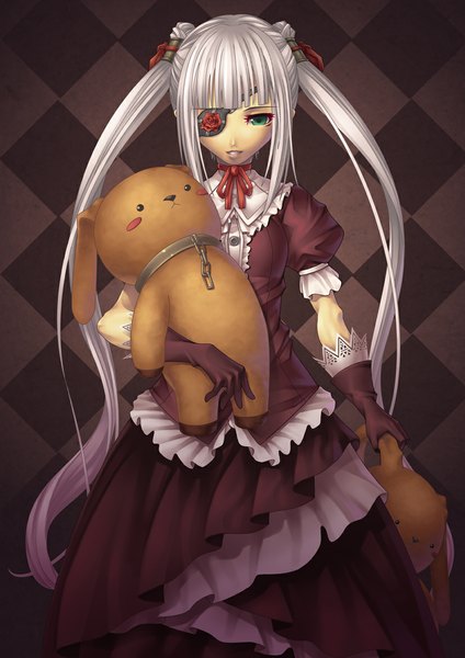 Anime picture 827x1169 with original aka (shoumae) single long hair tall image twintails green eyes white hair very long hair loli lolita fashion girl dress gloves toy eyepatch stuffed animal